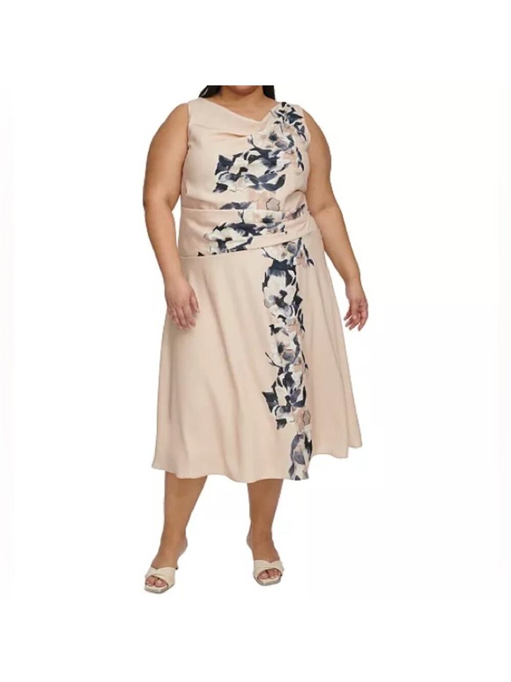 DKNY Plus Size Cowlneck Cascading-Floral Midi Dress Women’s Sz 20W
